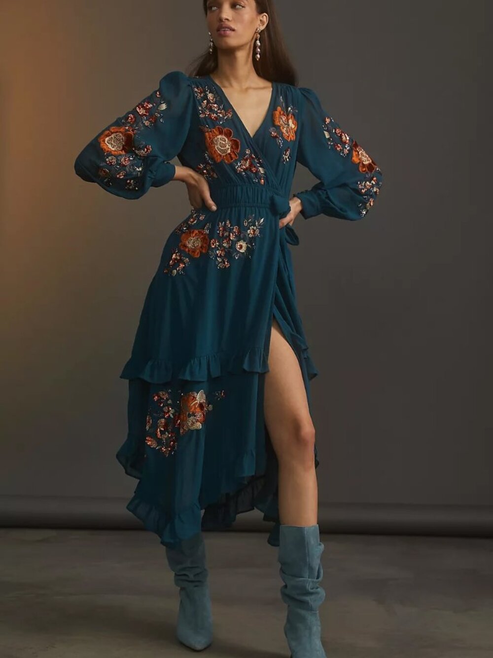 Anthropologie Beaded Wrap Midi Dress Teal Floral Velvet Beaded Embellished US 10